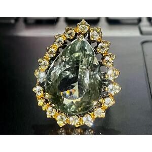 28 ct Sterling Silver Prasiolite Ring Aquamarine Black Rhodium Finish, Size 7.5